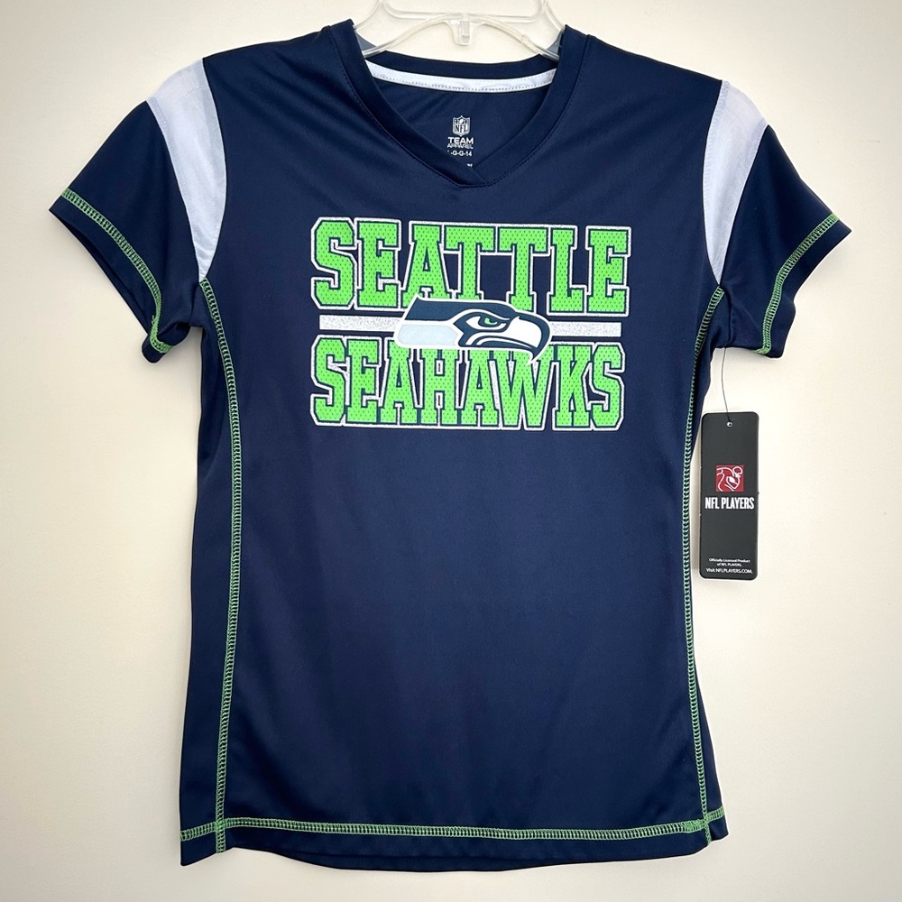 NWT NFL Seattle Seahawks Football Navy Green Tee Jersey Russell Wilson UNISEX